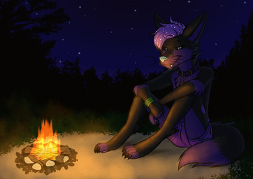anthro blue_eyes blue_nose bottomwear campfire camping clothing collar cosmic_hair ethereal_hair femboy forest forest_background fur male nature nature_background night plant purple_body purple_fur relaxed_expression shorts sitting solo tree udavka kitsunaki canid canine fox mammal rexouium animated
