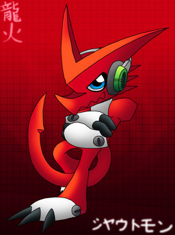 anthro blue_eyes claws clothing crossed_arms electronics geometric_background gradient_background grid_background handwear headphones leaning leaning_backward looking_at_viewer male pattern_background red_background red_body simple_background smile smiling_at_viewer solo text ryoosakuling bandai_namco digimon digimon_xros_wars mythology digimon_(species) dragon mythological_creature mythological_scalie reptile scalie shoutmon 2023 digital_drawing_(artwork) digital_media_(artwork) hi_res japanese_text