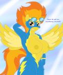 abstract_background anthro anthrofied bedroom_eyes big_breasts breasts clothing eyewear feathered_wings feathers female fur goggles hair half-closed_eyes looking_at_viewer multicolored_hair narrowed_eyes navel nipples orange_eyes orange_hair presenting raised_arm seductive simple_background smile solo two_tone_hair wings wonderbolts_uniform yellow_body yellow_feathers sct-trigger1221 friendship_is_magic hasbro my_little_pony mythology spitfire_(mlp) wonderbolts_(mlp) equid equine mammal mythological_creature mythological_equine pegasus absurd_res hi_res