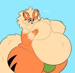 anthro arcanine band-aid bandage belly big_belly big_breasts biped blush breasts bulge canid canine clothed clothing english_text eyelashes featureless_breasts fur generation_1_pokemon gynomorph gynomorph_anthro hair hi_res intersex intersex_anthro looking_at_viewer mammal navel nintendo obese obese_anthro obese_gynomorph obese_intersex orange_body overweight overweight_anthro overweight_gynomorph overweight_intersex pokemon pokemon_(species) simple_background smile solo swallowpancakes tail text thick_thighs underwear wide_hips