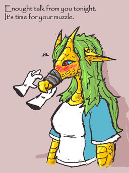 2_horns anthro bdsm blush blushing_profusely bondage bound clothed clothing disembodied_hand ears_down female gloves gold_scales green_hair hair handwear horn long_hair muzzle_(object) muzzled pink_eyes pivoted_ears shirt simple_background solo text topwear yellow_body woodhouse3d mythology dragon mythological_creature mythological_scalie scalie english_text shaded