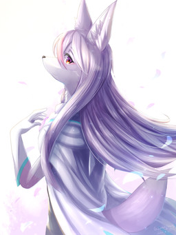 5_fingers amber_eyes anthro clothed clothing female fingers fluffy fluffy_tail fur hair long_hair looking_at_viewer pink_body pink_fur pink_hair smile solo tail white_body white_fur ivan-jhang brand_new_animal studio_trigger nazuna_hiwatashi canid canine fox mammal 2020 3:4 hi_res