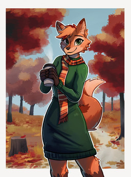 4_fingers anthro autumn bangs big_tail biped black_claws breasts brown_body brown_eyebrows brown_fur brown_hair brown_markings brown_scarf brown_tail cheek_tuft claws closed_smile clothed clothed_anthro clothed_female clothing coffee_cup container countershade_ears countershade_face countershade_fur countershade_neck countershading cup detailed_background dipstick_tail dress eye_markings eyebrows eyeliner facial_tuft female fingers fluffy fluffy_hair fluffy_tail forest forest_background front_view fully_clothed fur fur_tuft gloves_(marking) grass green_clothing green_dress green_eyes green_pupils hair head_tuft humanoid_hands inner_ear_fluff knee_tuft leaf leg_markings leg_tuft looking_at_viewer makeup markings monotone_clothing monotone_dress mouth_closed multicolored_body multicolored_fur multicolored_hair multicolored_scarf multicolored_tail nature nature_background oak_tree orange_body orange_fur orange_hair orange_scarf orange_tail pattern_clothing pattern_scarf pixie_cut plant pupils red_hair red_scarf red_tail scarf short_hair shrub small_breasts smile socks_(marking) solo standing steam striped_clothing striped_scarf stripes swept_bangs tail tail_markings tail_tuft tan_body tan_countershading tan_fur tan_scarf tan_tail tan_tail_tip tree tuft wavy_hair wavy_tail enginetrap rue_(vulpetite) canid canine fox mammal red_fox true_fox 2025 absurd_res digital_drawing_(artwork) digital_media_(artwork) hi_res portrait shaded signature soft_shading three-quarter_portrait