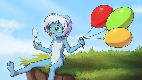 anthro band-aid band-aid_on_face bandage bandage_on_face biped blue_body blue_fur closed_smile countershade_fur countershade_torso countershading day eyebrows freckled_face freckles fur grass hair holding_balloon holding_glass holding_object male mouth_closed nude outside pink_nose plant plantigrade round_ears scut_tail short_hair short_tail sitting sitting_on_ground smile solo tail white_body white_countershading white_fur white_hair young young_anthro young_male minum teddylucky bear mammal 16:9 2026 absurd_res hi_res widescreen