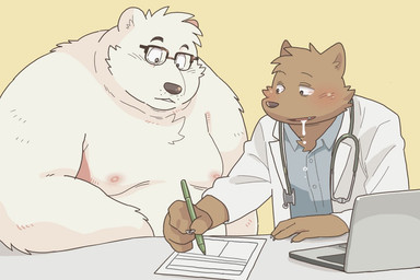 4_fingers anthro aroused black_nose blue_clothing blue_dress_shirt blue_shirt blue_topwear blush bodily_fluids clothed clothing coat collared_shirt computer doctor dress_shirt drooling duo electronics eyewear fingers glasses holding_object inside lab_coat laptop male male/male medical_instrument nipples open_mouth overweight overweight_male paper pen saliva scientific_instrument shirt shirtless simple_background stethoscope teeth_showing text tongue_showing topless topwear white_clothing white_coat white_topwear writing_text writing_utensil yellow_background garouzuki bear canid canine mammal 3:2 translation_request