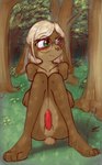 anthro balls blonde_hair blush brown_body brown_fur crossed_arms erection eyewear femboy fur genitals glasses green_eyes hair male nude outside penis presenting sitting solo vaithun lagomorph leporid mammal rabbit hi_res trans_(lore) trans_woman_(lore)