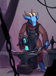 anthro anvil apron blacksmith blacksmith_hammer blacksmith_tongs blacksmithing blue_body blue_scales brown_clothing brown_robe clothing digitigrade green_eyes hammer horn male melee_weapon muscular muscular_male robe scales solo sword tongs tools weapon working siggymc kriv lizard reptile scalie 2021 digital_drawing_(artwork) digital_media_(artwork) hi_res