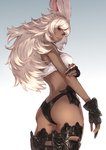 animal_humanoid armor athletic athletic_female athletic_humanoid big_hair blonde_hair breasts butt clothed clothing crop_top dark_body dark_skin female final_fantasy fingerless_gloves fluffy fluffy_hair gloves greaves grey_background hair handwear hi_res humanoid lagomorph lagomorph_humanoid leporid_humanoid long_ears long_hair looking_at_viewer looking_back makimura_shunsuke mammal mammal_humanoid medium_breasts monotone_hair pinup pose rabbit_humanoid rear_view red_eyes ring shirt simple_background skimpy slim small_butt solo square_enix standing thong topwear tube_top underwear viera