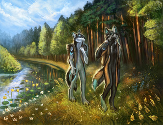 4_toes 5_fingers amazing_background ambiguous_gender anthro backpack black_body black_claws black_fur black_lips black_nose blue_body blue_eyes blue_flower blue_fur blue_markings claws cloud cyan_tail_tip day detailed_background detailed_fur digitigrade dipstick_tail drinking duo ear_markings facial_markings featureless_crotch feet fingers flower forest front_view fur gloves_(marking) grass grey_eyes head_markings heterochromia hindpaw holding_object inner_ear_fluff leg_markings lily_pad lips long_mouth looking_back looking_up markings multicolored_tail nature no_sclera nude orange_body orange_fur outside paws plant reflection river scenery shadow sky smile snout socks_(marking) standing tail tail_markings toes tree tuft walking water water_lily whiskers white_body white_flower white_fur white_markings yellow_flower flashw blur_shepherd canid canine canis domestic_dog german_shepherd herding_dog husky mammal nordic_sled_dog pastoral_dog spitz 2017 detailed digital_media_(artwork)