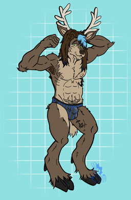 antlers blue_background bulge clothing detailed_bulge flexing hooves horn male muscular nipples simple_background speedo swimwear badaspen deer mammal absurd_res hi_res