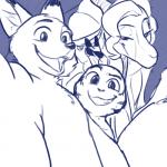 1:1 antelope anthro blue_and_white bovid canid canine disney female fox gazelle gazelle_(zootopia) gesture group hand_gesture ittybittykittytittys jack_savage lagomorph leporid looking_at_viewer male mammal monochrome nick_wilde photo rabbit red_fox selfie smile true_fox v_sign zootopia