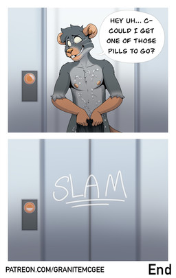 anthro bodily_fluids buckteeth closed_door clothing cum cum_on_chest cum_on_face cum_on_own_chest cum_on_own_face cum_on_self dialogue door front_view fur genital_fluids grey_body grey_fur holding_clothing holding_object male nipples sheepish_grin smile solo speech_bubble standing teeth text whiskers granitemcgee lab_rat_(granitemcgee) mammal murid murine rat rodent comic english_text hi_res url