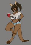 anthro biped bottomwear breasts brown_body brown_hair clothed clothing cutoffs denim denim_bottomwear denim_clothing dipstick_tail eyebrows female hair markings pubes shorts smile solo tail tail_markings tongue tongue_out tyroo tyroo_(character) kangaroo macropod mammal marsupial