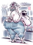 anthro beverage big_breasts bodily_fluids bottomwear breasts butt butt_focus clothing coffee curlers denim denim_bottomwear denim_clothing elderly elderly_female eyewear female glasses jeans looking_back mature_female obese obese_anthro obese_female overweight overweight_anthro overweight_female pants partially_clothed_female rear_view sagging_breasts short_tail solo standing sweat tail thick_thighs wide_hips mk_artichoke beware_the_shadowcatcher zed_technician_games maude_(bts) bovid caprine mammal sheep 2022 3:4 colored hi_res