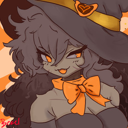anthro bezel(birdyby) bow_tie brown_body brown_eyelashes brown_fur brown_hair clothing dress eyelashes female fluffy fur hair hat headgear headwear long_hair orange_bow_tie orange_eyes smug solo teeth_showing witch_hat bezelby kyrie(bezel) felid feline mammal 1:1 hi_res signature