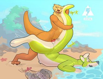 anthro beach bodily_fluids brown_body brown_fur duo eyes_closed fur genital_fluids genitals green_body inflatable male open_mouth penis tail tail_grab white_body statiik_(artist) animate_inanimate canid canine canis living_inflatable mammal mustelid otter wolf 2026