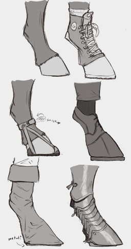 ambiguous_form ambiguous_gender armor clothing faceless_ambiguous faceless_character feet foot_shot footwear furgonomic_footwear furgonomics hooves shoe_laces shoes simple_background socks solo jezzlen monochrome multiple_images