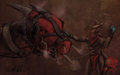anthro bdsm bits bodily_fluids bridle drooling feral harness leash muzzle_(object) petplay ponyplay roleplay saliva steaming drangir mythology hueroc dragon kobold mythological_creature mythological_scalie scalie hi_res