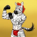 anthro clothing jockstrap looking_at_viewer male muscular muscular_anthro muscular_male red_clothing red_underwear simple_background solo underwear nx-42 immelmann_(character) equid equine mammal zebra 1:1 absurd_res hi_res