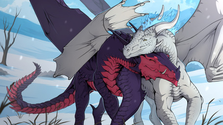 feral fire flaming_hair flaming_mane horn hug membrane_(anatomy) membranous_wings pseudo_hair pseudo_mane quadruped scales tail wings flamingtitania mythology breghar_(drakengarth) angel_dragon dragon mythological_creature mythological_scalie reptile scalie 16:9 absurd_res hi_res widescreen