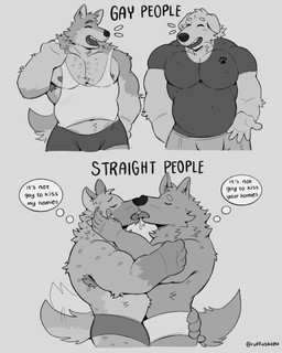 anthro armpit_hair barazoku body_hair bulge clothed clothing duo kissing male male/male muscular muscular_male nipple_slip nipples no_homo pecs shirt simple_background speech_bubble tail tail_motion tailwag tank_top text topless topwear under underwear ruffusbleu canid canine canis domestic_dog hyena mammal wolf english_text hi_res monochrome