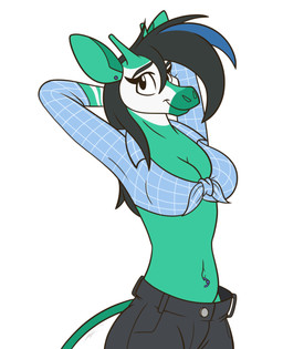 anthro black_eyebrows black_hair bottomwear breasts cleavage clothed clothing eyebrows female fur green_body green_fur hair happy multicolored_body multicolored_fur navel navel_piercing piercing shirt shorts simple_background solo standing tail topwear white_background s7v8 giraffid mammal okapi hi_res