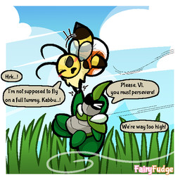 annoyed antennae_(anatomy) anthro blush carrying_another clothed clothing dialogue diaper duo female flying grass hand_holding looking_at_another male male/female neck_tuft one_eye_closed one_eye_obstructed outside plant scared sky speech_bubble text tuft wearing_diaper wind wings fairyfudge bug_fables moonsprout_games kabbu_(bug_fables) vi_(bug_fables) arthropod bee beetle hymenopteran insect 1:1 digital_media_(artwork) english_text hi_res signature