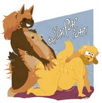 anal anal_penetration anthro anthro_on_anthro anthro_penetrated anthro_penetrating anthro_penetrating_anthro big_butt blonde_hair blush bodily_fluids bottom_heavy brown_body brown_fur butt butt_grab cheek_tuft chubby_girly doggystyle dot_eyes duo eyes_rolling_back facial_tuft fangs femboy floppy_ears from_behind_position fur grin hair half-closed_eyes hand_on_butt huge_butt long_hair looking_pleasured love_handles male male/male male_penetrated male_penetrating male_penetrating_male moobs motion_lines narrowed_eyes open_mouth open_smile overweight overweight_bottom overweight_male overweight_penetrated overweight_top pear-shaped_figure penetration ponytail seductive sex sharp_teeth simple_background slightly_chubby slightly_chubby_anthro slightly_chubby_male smile sound_effects sweat sweatdrop tan_body tan_fur teeth text thick_thighs tuft wide_hips yellow_body yellow_fur roly goldie_(thepinkjay5) mischief_(thepinkjay5) canid canine canis domestic_dog mammal 2023 digital_media_(artwork) english_text hi_res trans_(lore) trans_woman_(lore)