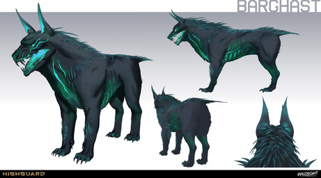 4_toes ambiguous_feral ambiguous_gender black_body black_claws black_fur black_inner_ear_fluff black_tail black_teeth blue_eyes blue_gums blue_inner_ear blue_markings blue_nose blue_scar blue_sclera blue_tail blue_tongue chest_scar claws company_name feet feral fur fur_markings furrowed_eyebrows gradient_background gums inner_ear_fluff leg_markings light long_fangs markings multicolored_body multicolored_fur multicolored_tongue no_eyebrows no_pupils nude nude_ambiguous open_mouth paws quadruped scar sharp_teeth simple_background solo standing tail teeth text toes tongue tuft turnaround two_tone_tail nicholas_patrick_kelana highguard_(game) barghast_(highguard) canid canid_demon demon mammal 2026 absurd_res colored concept_art digital_drawing_(artwork) digital_media_(artwork) english_description english_text hi_res lighting official_art shaded url