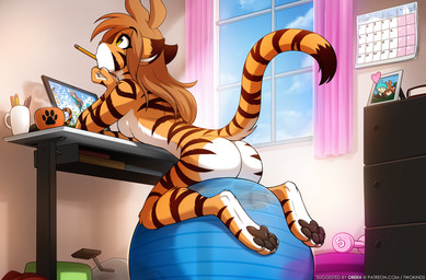 4_toes anthro biped black_stripes breasts brown_hair butt claws feet female fingers fur hair inside kneeling markings nude nude_anthro nude_female orange_body orange_fur orange_tail pawpads paws rear_view solo striped_body striped_fur striped_markings striped_tail stripes tail tail_markings toe_claws toes window conditional_dnp narikusha tom_fischbach twokinds flora_(twokinds) keidran 2026 digital_drawing_(artwork) digital_media_(artwork) hi_res