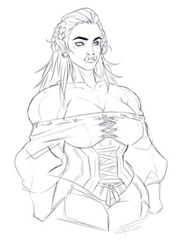 big_breasts breasts cleavage clothed clothing fangs female humanoid_pointy_ears not_furry pointy_ears teeth orangekissess humanoid orc absurd_res hi_res