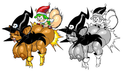 anthro antlers balls bent_over big_balls big_breasts big_butt big_penis black_body black_fur boots breasts brown_body brown_nipples butt christmas_clothing christmas_headwear clothing duo fangs female footwear fur genitals gloves green_body green_fur handwear hat headgear headwear high_heeled_boots high_heels holidays horn huge_balls lips long_ears male male/female nipples penis sex shoes simple_background size_difference smaller_male teeth thick_lips white_background witch_hat goudadunn christmas bat deer mammal new_world_deer reindeer hi_res