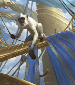 eyewear feral front_view goggles looking_at_viewer looking_down low-angle_view mast open_mouth solo daniel_ljunggren hasbro magic:_the_gathering ragavan haplorhine mammal monkey primate official_art signature