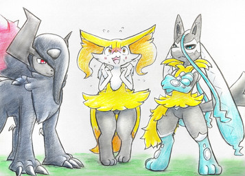 3_fingers 3_toes :3 ambiguous_anthro ambiguous_feral ambiguous_gender anthro arm_tuft biped black_body black_fur black_nose black_tail blue_body blue_eyes blush blush_lines bodily_fluids cheek_tuft chest_tuft claws crossed_arms digitigrade dipstick_tail facial_tuft featureless_crotch feet feral fingers front_view fur group hip_tuft horn inner_ear_fluff markings monotone_tail multicolored_body multicolored_fur one_eye_obstructed open_mouth orange_body orange_eyes orange_fur orange_inner_ear_fluff orange_nose orange_tail_tip paws pointy_ears prick_ears quadruped red_eyes shoulder_tuft simple_background smile standing sweat sweatdrop tail tail_markings tapering_snout three-quarter_view toes tongue trio tuft two_tone_tail white_body white_fur yellow_body yellow_fur yellow_tail eiroru nintendo pokemon pokemon_legends_z-a braixen canid generation_6_pokemon generation_9_pokemon mammal mega_absol_z mega_evolution mega_lucario_z pokemon_(species) 2025 colored colored_pencil_(artwork) graphite_(artwork) hi_res shaded traditional_media_(artwork)