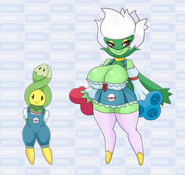 armwear big_breasts black_eyes breasts clothing duo female flower_hands green_body legwear overalls pokeball red_eyes short_stack stockings urusee584 nintendo pokemon budew generation_4_pokemon pokemon_(species) roserade hi_res