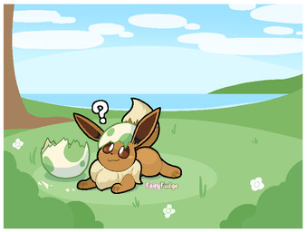 :3 ambiguous_gender birth border brown_body brown_eyes brown_fur egg eggshell feral fur hatching_from_egg outside quadruped question_mark solo sploot text white_border young young_feral fairyfudge nintendo pokemon eevee generation_1_pokemon pokemon_(species) artist_name digital_media_(artwork) hi_res male_(lore)