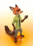 anthro barefoot bottomwear cellphone claws clothing electronics feet fur gradient_background green_eyes holding_cellphone holding_object holding_phone inner_ear_fluff male necktie orange_body orange_fur pants phone shirt simple_background solo standing toe_claws topwear tuft lepricon disney zootopia nick_wilde canid canine fox mammal red_fox true_fox 2020 hi_res