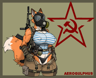 ak-74 ak_platform anthro arm_pads assault_rifle athletic athletic_female big_breasts breasts clothing communism explosives female furgonomics gas_mask gorka_suit grenade gun hammer_and_sickle magazine_pouch mask pattern_clothing politics ranged_weapon rifle small_waist solo star striped_clothing stripes tactical_gear tactical_gloves telnyashka thick_thighs weapon wide_hips aerogulphus jsc_kalashnikov_concern canid canine fox mammal english_description