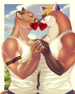 anthro candy clothing day dessert food heart_symbol hidden_face holidays kissing lollipop love male muscular muscular_anthro muscular_male ring romantic romantic_couple shirt tank_top topwear fersh_star valentine's_day grizzly_mathew_(character) ricius_teck canid canine cougar felid feline fox mammal 4:5 hi_res