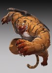 action_pose anthro big_muscles blood blood_on_face blood_on_hand bodily_fluids brown_body brown_fur claws countershade_arms countershade_face countershade_torso countershading fur grey_background male melee_weapon muscular muscular_anthro muscular_male nude open_mouth orange_body orange_fur pose simple_background solo striped_body striped_fur stripes sword tail weapon whiskers white_body white_countershading white_fur white_whiskers yellow_eyes 6suan felid mammal pantherine tiger 2024 hi_res