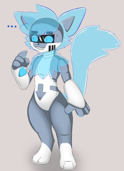 4_fingers ambiguous_gender anthro black_nose blue_body blue_eyes blue_fur blue_hair blue_pawpads bodily_fluids directional_arrow ellipsis eye_through_hair eyebrow_through_hair eyebrows facial_markings fingers fur grey_body hair head_markings leg_markings machine markings open_mouth pawpads simple_background socks_(marking) solo standing sweat sweatdrop translucent translucent_hair white_body gaogomon changed_(video_game) prototype_(changed) felid mammal robot 2022 absurd_res hi_res