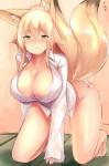 all_fours big_breasts big_tail blonde_hair breasts cleavage clothed clothing female green_eyes hair looking_at_viewer multi_tail solo tail text thong underwear konozawa animal_humanoid canid canid_humanoid canine canine_humanoid fox fox_humanoid humanoid mammal mammal_humanoid hi_res japanese_text