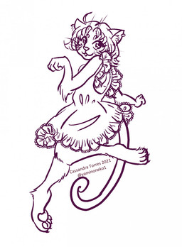 4_toes 5_fingers anthro arm_tuft bangs barefoot bent_arm bent_leg black_claws claws clothing dress ear_piercing ear_ring eyelashes feet female fingers fist frilly frilly_clothing frilly_dress hair long_tail pawpads piercing pose ring_piercing short_hair simple_background solo tail text toe_claws toes tuft whiskers white_background white_clothing white_dress white_hair white_pawpads yaminoneko cotton_candy_(yaminoneko) domestic_cat felid feline felis mammal 2021 artist_name digital_drawing_(artwork) digital_media_(artwork) hi_res line_art