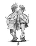 anthro beak bottomwear clothed clothing duo fluffy fluffy_tail fur greygeann hat headgear headwear male pants simple_background standing tail text white_background better_call_saul breaking_bad los_pollos_hermanos avian bird chicken galliform gallus_(genus) humanoid phasianid 4:5 hi_res monochrome