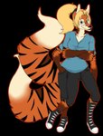 3_legs 4_arms anthro blonde_hair blue_eyes crossed_arms eyewear female glasses hair leaning multi_arm multi_leg multi_limb multi_tail multifur solo tail tanithjackal may_abbagail canid canine felid fox hybrid mammal pantherine tiger 2016 hi_res