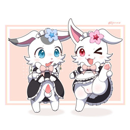 anthro ball_tuft balls biped bipedal_feral blue_eyes blue_flower blush bottomless bottomless_female bottomless_male bottomwear bow_tie cheek_tuft cherry_blossom clothed clothing clothing_lift crossdressing duo ears_down facial_tuft feet female feral floppy_ears flower flower_accessory flower_on_head fur genitals grey_ear_tips grey_spots hand_on_clothing hand_on_foot hand_on_skirt headgear headwear holding_bottomwear holding_clothing holding_object holding_skirt jewelry looking_at_another looking_at_partner looking_at_viewer maid_headdress maid_uniform male one_eye_closed open_mouth open_smile pawpads penis pink_flower pink_inner_ear pink_nose pink_pawpads pink_text pivoted_ears plant plump_labia pose posed presenting presenting_penis presenting_vulva prunus_(flower) rabbit_ears raised_bottomwear raised_clothing raised_leg raised_skirt red_eyes scut_tail shadow short_tail simple_background skirt skirt_lift smile spots tail tapering_penis text thigh_blush thin_eyebrows tuft uniform vulva white_balls white_body white_ears white_fur white_legs white_paws white_tail wink winking_at_viewer young young_anthro zyuuniie jewelpet sanrio sega sega_fave ageam_(sylvtasticalsylveon) ruby_(jewelpet) lagomorph leporid mammal rabbit 1:1 2025 digital_drawing_(artwork) digital_media_(artwork) hi_res signature