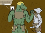 abs anthro armor arrow_(weapon) athletic back_muscles biped black_eyes bottomwear bulge clenched_teeth clothed clothing clothing_lift comic crocodile crocodilian crocodylid detailed_background detailed_bulge duo english_text erection erection_under_clothing eye_contact fangs fist fur furgonomics genital_outline green_body green_scales half-closed_eyes headgear helmet inside intimidation knife lifting loincloth looking_at_another male male/male mammal melee_weapon midriff mouse murid murine muscular muscular_male narrowed_eyes penis_outline pink_nose ranged_weapon rear_view reptile rodent scales scalie scared sharp_teeth shirt shirt_lift shorts side_view size_difference source_request standing tail tail_clothing teeth tenting text threatening topwear unconvincing_armor unimpressed unknown_artist vertical_bar_eyes wanted_poster weapon white_body white_fur