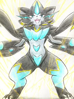 ambiguous_gender anthro black_body black_fur blue_eyes claws electricity fangs featureless_crotch fur open_mouth simple_background solo teeth tongue whiskers eiroru nintendo pokemon felid feline generation_9_pokemon mammal mega_zeraora pokemon_(species) 2025 3:4 graphite_(artwork) hi_res traditional_media_(artwork)