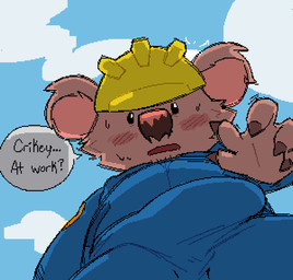 5_fingers anthro armor biped blush blush_lines bodily_fluids bodysuit brown_body brown_fur brown_nose bulge cheek_tuft claws clothing cloud dialogue ear_tuft emanata facial_tuft finger_claws fingers flash_emanata fur headgear helmet low-angle_view male motion_lines open_mouth outside pink_inner_ear round_ears skinsuit solo speech_bubble sweat sweatdrop text tight_clothing tuft uniform chronobauble ty_the_tasmanian_tiger_(series) koala mammal marsupial vombatiform 2023 aliasing digital_media_(artwork) english_text