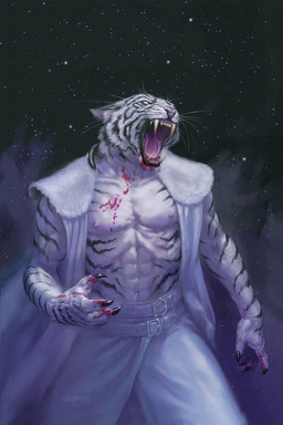 abs anthro belt blood bodily_fluids bottomwear claws clothing fur male muscular muscular_male navel night nipples open_mouth outside pants sharp_teeth solo star striped_body striped_fur stripes teeth tongue topwear vest whiskers white_body white_fur todd_lockwood felid mammal pantherine tiger hi_res